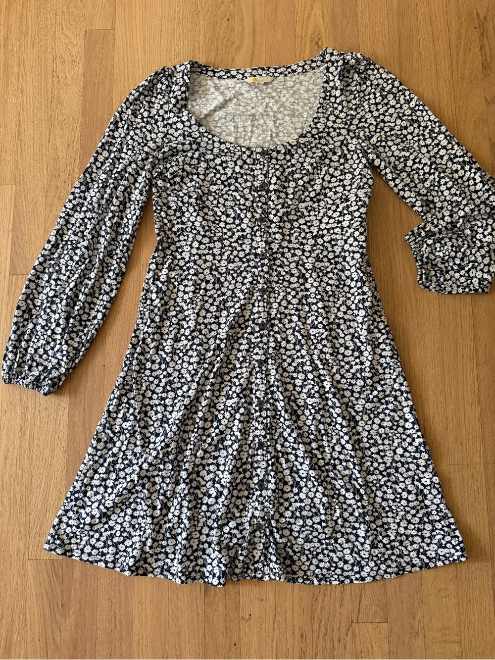 Boden Size 6 Long Navy Blue & White Floral Cotton/Modal Long Sleeve Dress